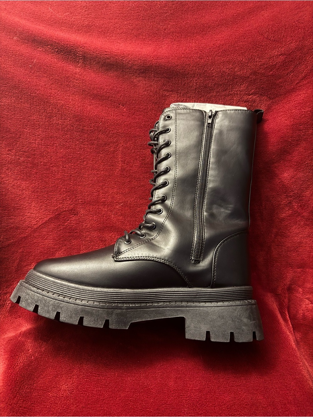 Fashion Nova Women's Black Lace-Up Platform Combat Boots with Side Zip